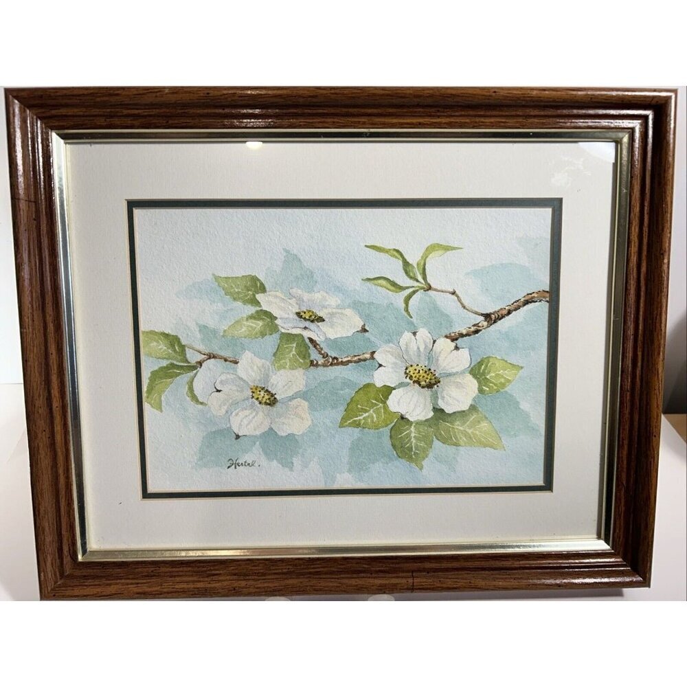 Original Water Color Signed Dogwood Flower Tree Teal And Green